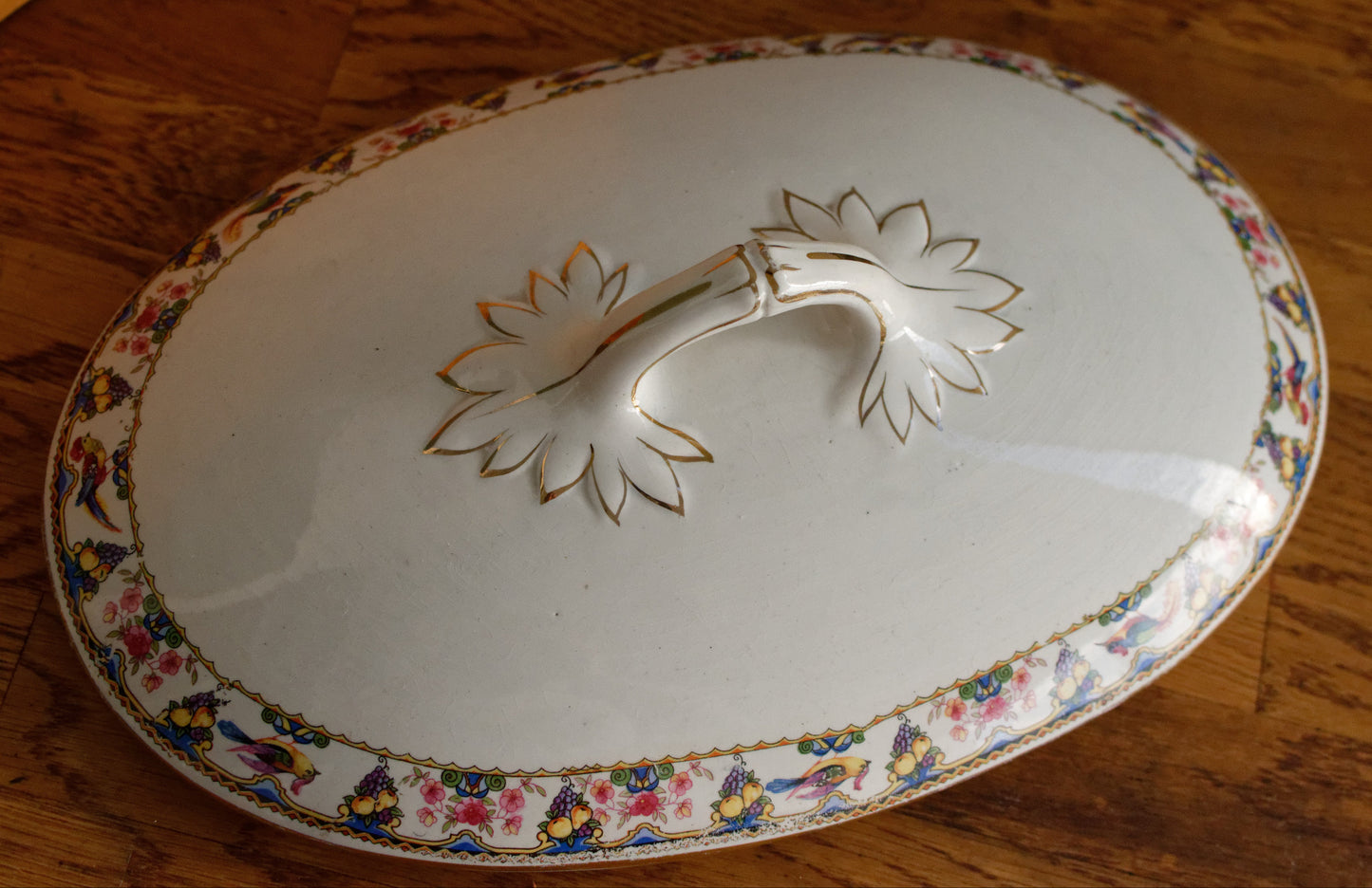 SARREGUEMINES Birds & Fruit French Antique Ironstone Soup Tureen Soupiere Terre de Fer Faience