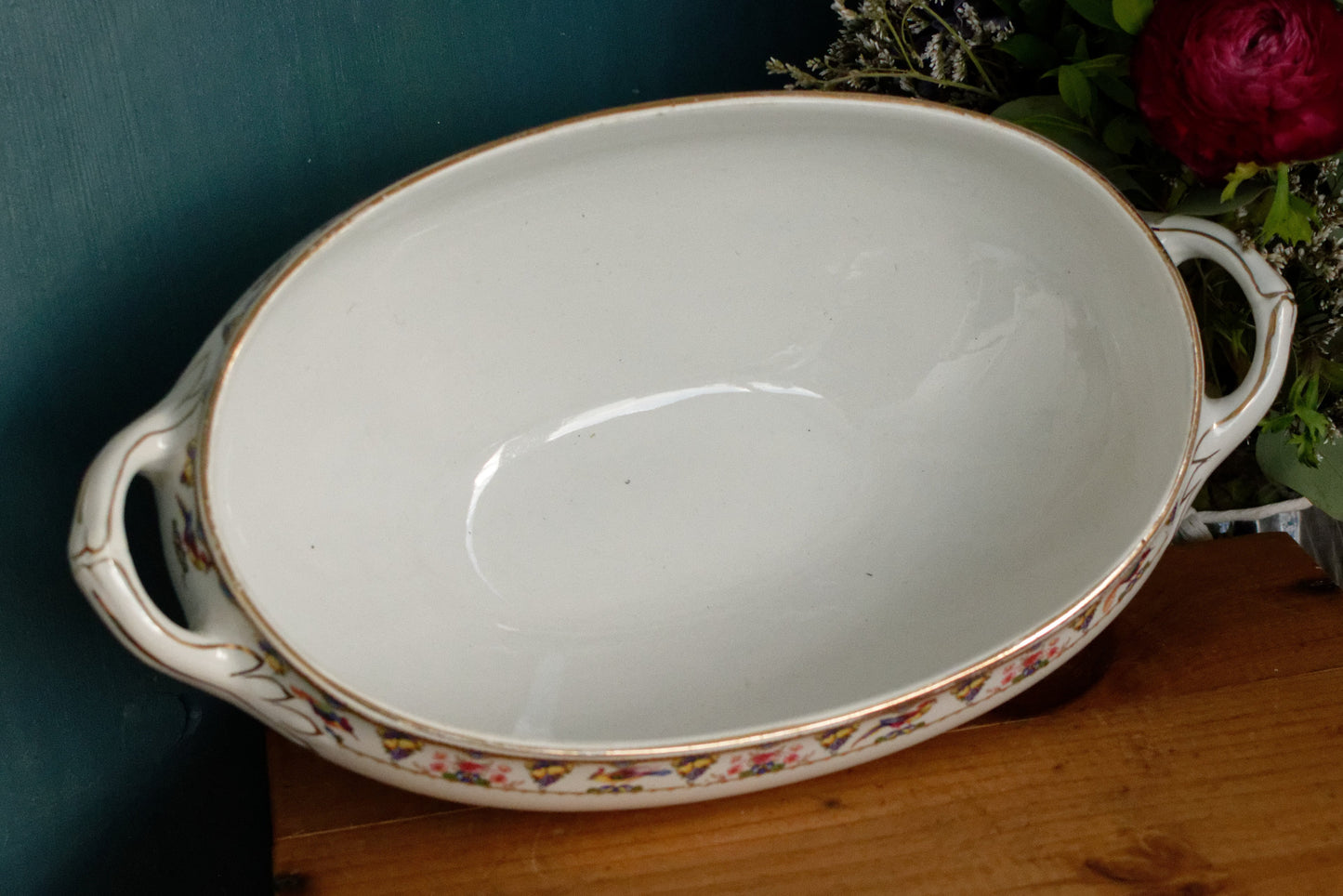 SARREGUEMINES Birds & Fruit French Antique Ironstone Soup Tureen Soupiere Terre de Fer Faience