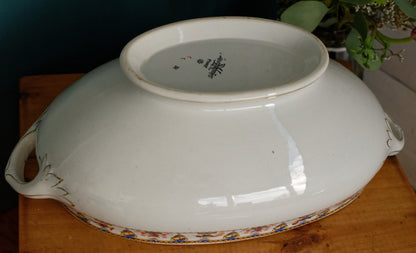 SARREGUEMINES Birds & Fruit French Antique Ironstone Soup Tureen Soupiere Terre de Fer Faience