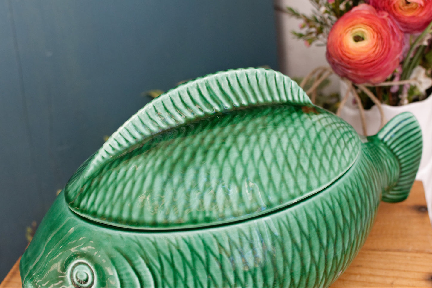 SARREGUEMINES France French Vintage Fish Shaped Lidded Soup Tureen Soupiere Green Carp BARBOTINE Majolica en Faience Terre de Fer
