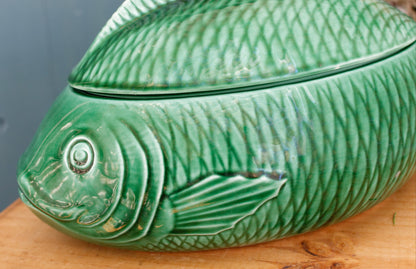 SARREGUEMINES France French Vintage Fish Shaped Lidded Soup Tureen Soupiere Green Carp BARBOTINE Majolica en Faience Terre de Fer