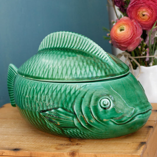 SARREGUEMINES France French Vintage Fish Shaped Lidded Soup Tureen Soupiere Green Carp BARBOTINE Majolica en Faience Terre de Fer
