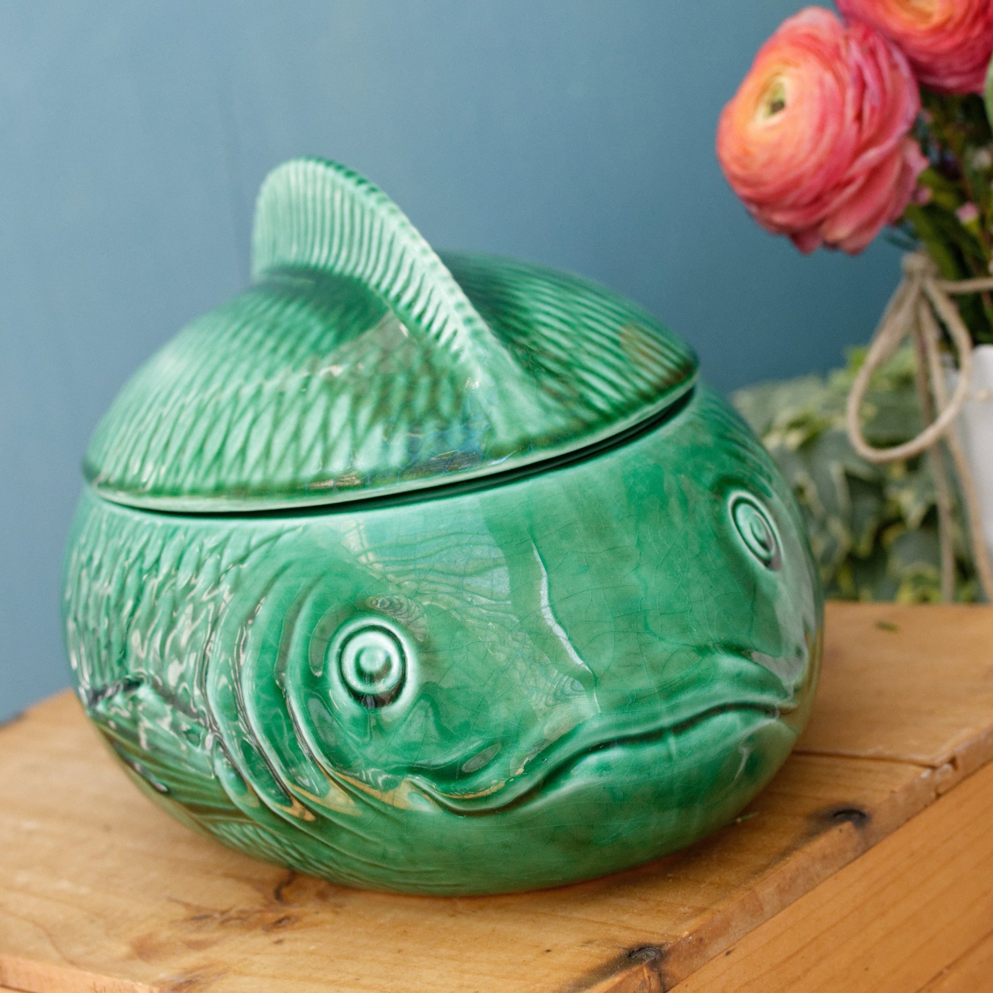 SARREGUEMINES France French Vintage Fish Shaped Lidded Soup Tureen Soupiere Green Carp BARBOTINE Majolica en Faience Terre de Fer