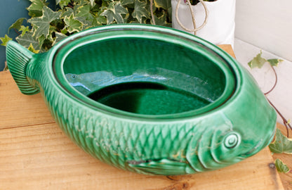 SARREGUEMINES France French Vintage Fish Shaped Lidded Soup Tureen Soupiere Green Carp BARBOTINE Majolica en Faience Terre de Fer