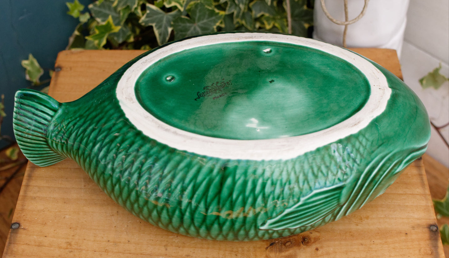 SARREGUEMINES France French Vintage Fish Shaped Lidded Soup Tureen Soupiere Green Carp BARBOTINE Majolica en Faience Terre de Fer