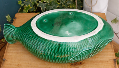 SARREGUEMINES France French Vintage Fish Shaped Lidded Soup Tureen Soupiere Green Carp BARBOTINE Majolica en Faience Terre de Fer
