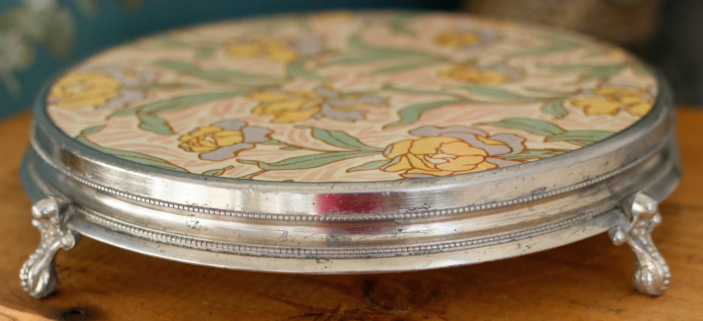 French Vintage Ironstone Polychrome Art Deco TRIVET Hot Plate "Dessous Plat Faience" SARREGUEMINES Round Ceramic Porcelain Floral Pot Stand