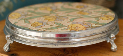 French Vintage Ironstone Polychrome Art Deco TRIVET Hot Plate "Dessous Plat Faience" SARREGUEMINES Round Ceramic Porcelain Floral Pot Stand