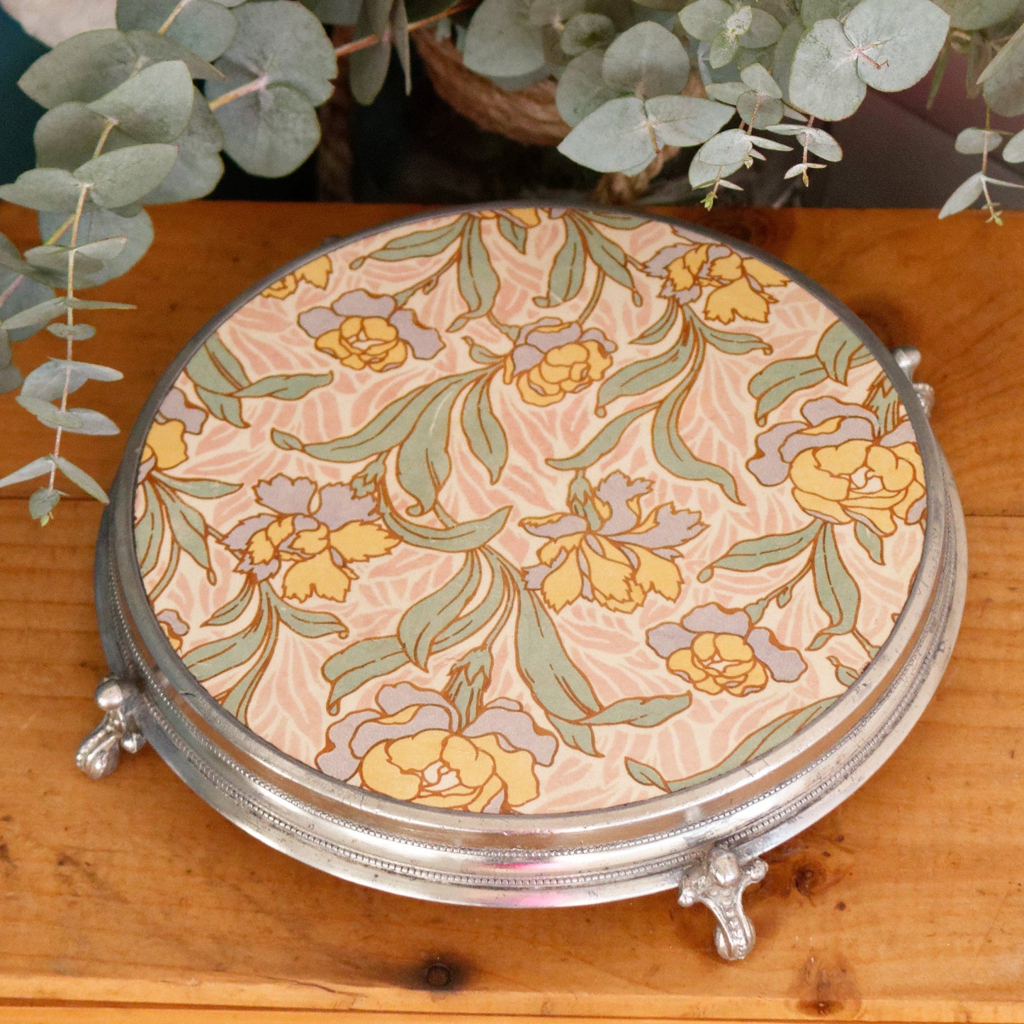 French Vintage Ironstone Polychrome Art Deco TRIVET Hot Plate "Dessous Plat Faience" SARREGUEMINES Round Ceramic Porcelain Floral Pot Stand