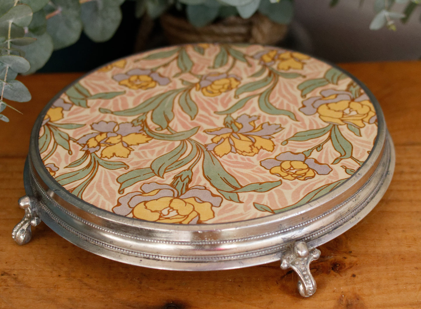 French Vintage Ironstone Polychrome Art Deco TRIVET Hot Plate "Dessous Plat Faience" SARREGUEMINES Round Ceramic Porcelain Floral Pot Stand