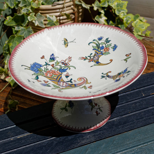Dec 1928 Cornucopia Rouen Sarreguemines French Antique Polychrome Footed Fruit Bowl Compotier Terre de Fer Faience