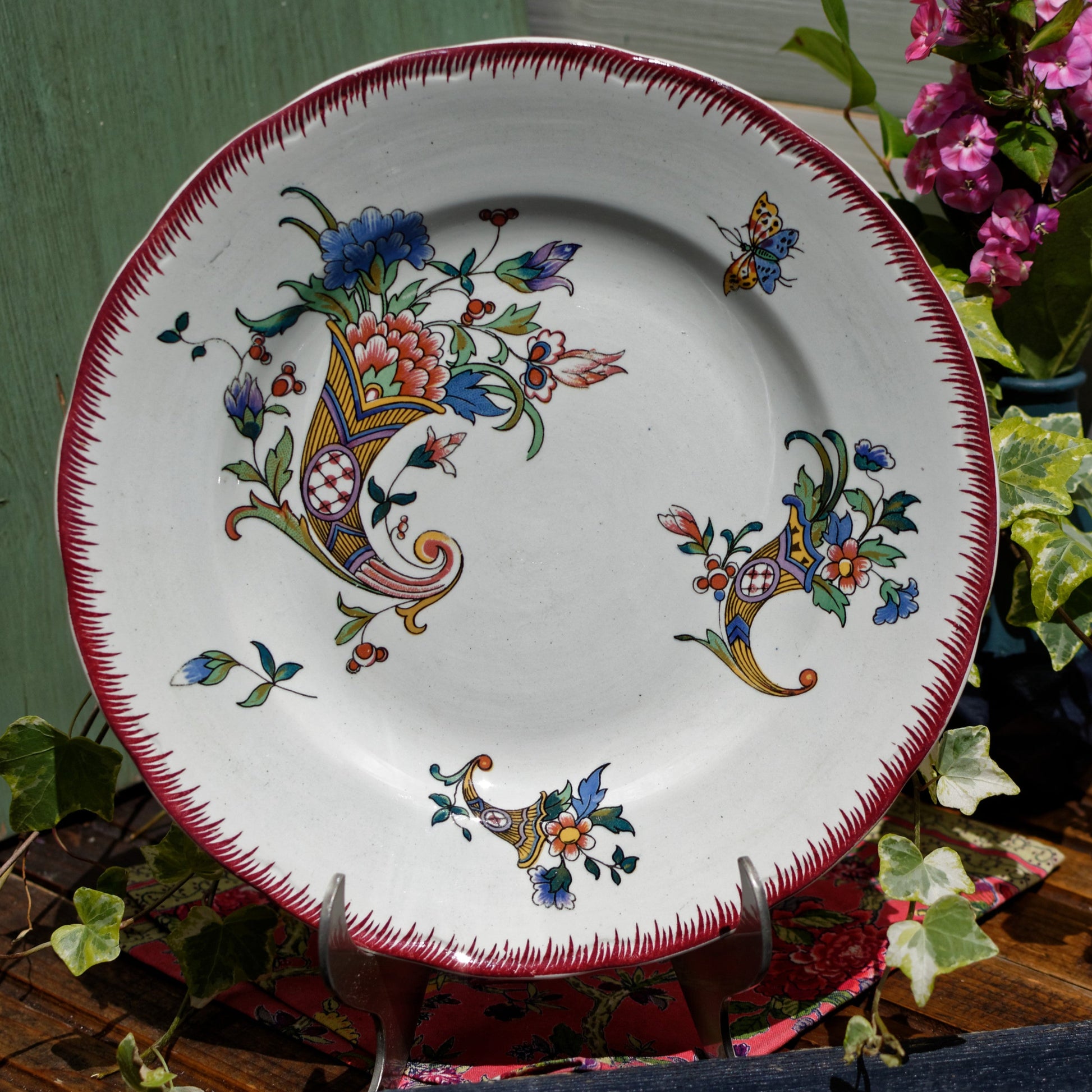 Dec 1928 Cornucopia Rouen Sarreguemines French Antique Ironstone Footed Cake Plate Terre de Fer Faience