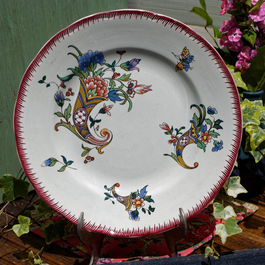 Dec 1928 Cornucopia Rouen Sarreguemines French Antique Ironstone Footed Cake Plate Terre de Fer Faience