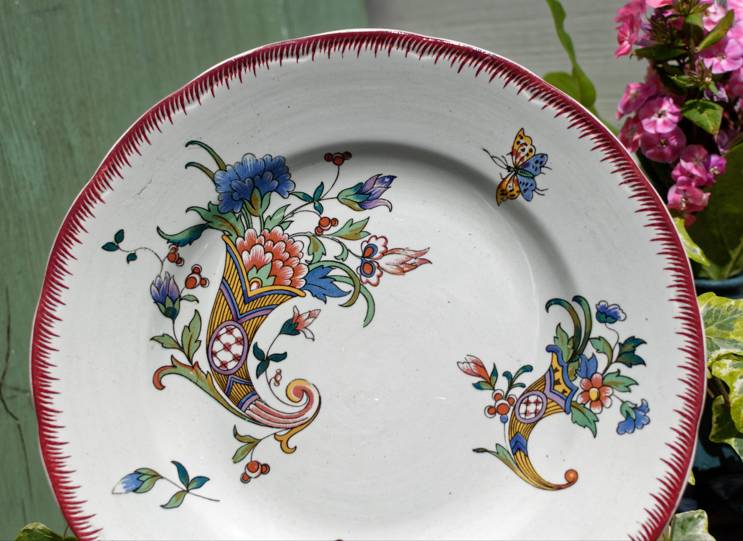 Dec 1928 Cornucopia Rouen Sarreguemines French Antique Ironstone Footed Cake Plate Terre de Fer Faience