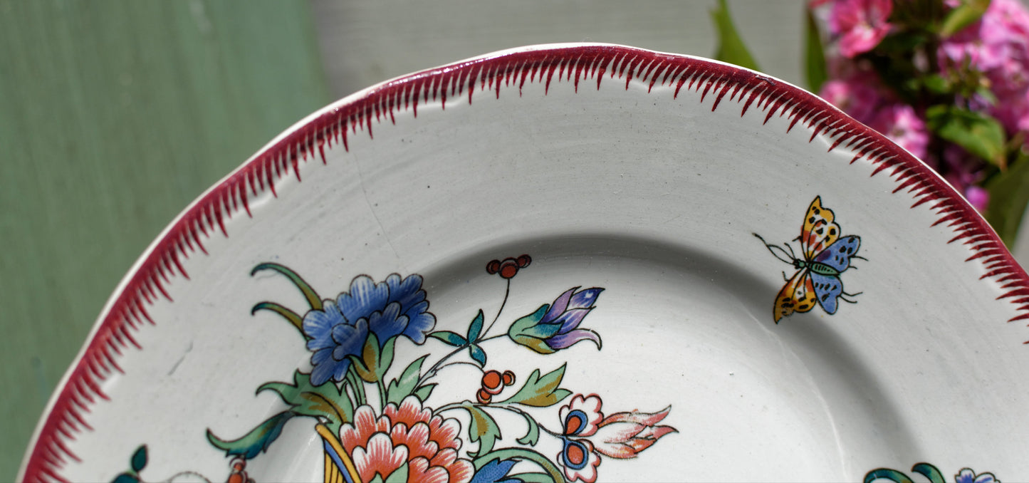 Dec 1928 Cornucopia Rouen Sarreguemines French Antique Ironstone Footed Cake Plate Terre de Fer Faience