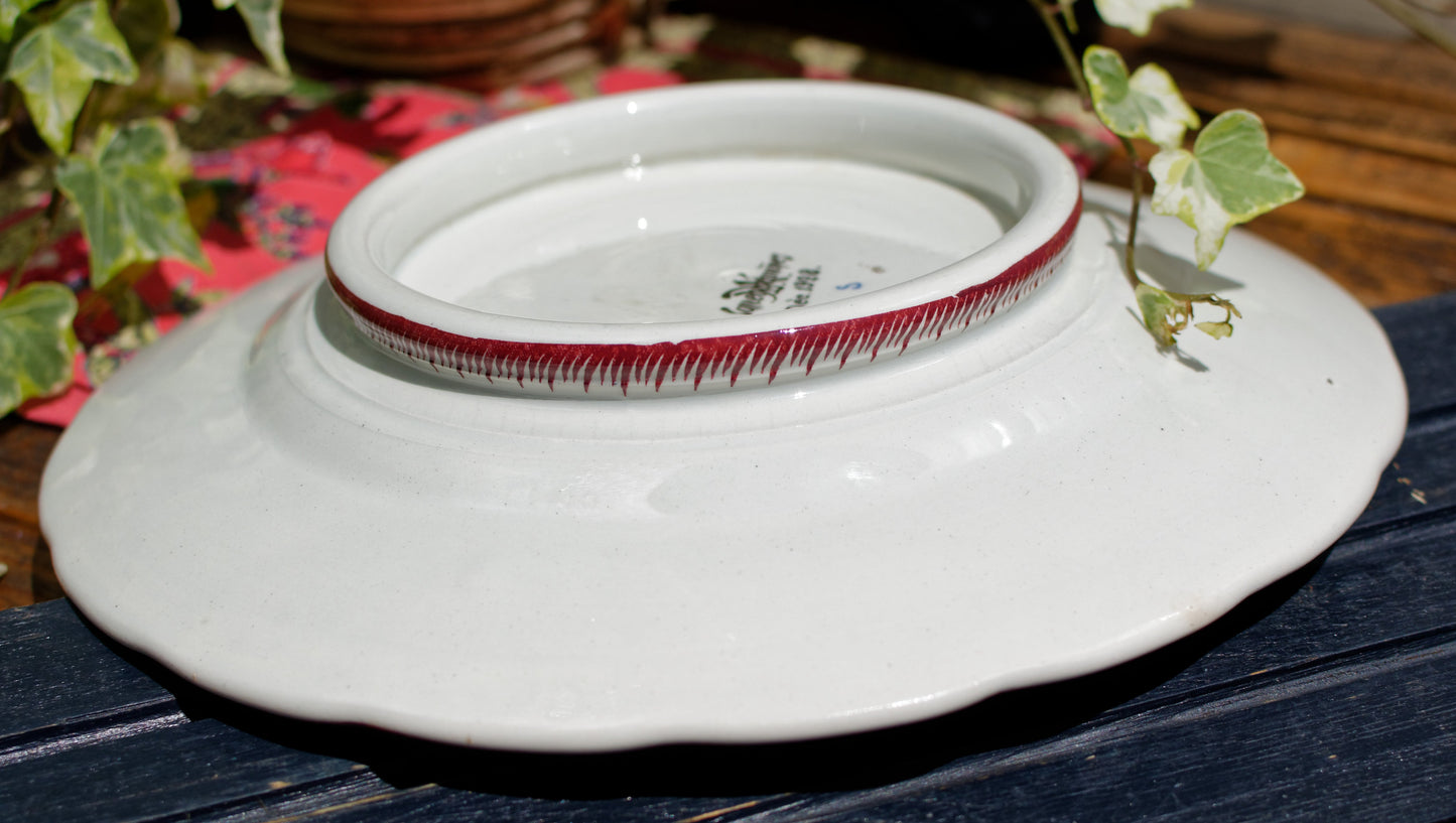 Dec 1928 Cornucopia Rouen Sarreguemines French Antique Ironstone Footed Cake Plate Terre de Fer Faience
