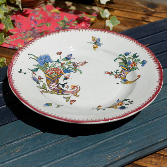 Dec 1928 Cornucopia Rouen Sarreguemines French Antique Ironstone Footed Cake Plate Terre de Fer Faience