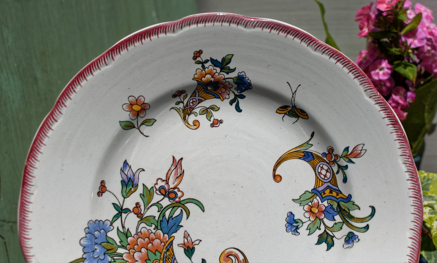 Dec 1928 Cornucopia Rouen Sarreguemines French Antique Ironstone Footed Cake Plate Terre de Fer Faience