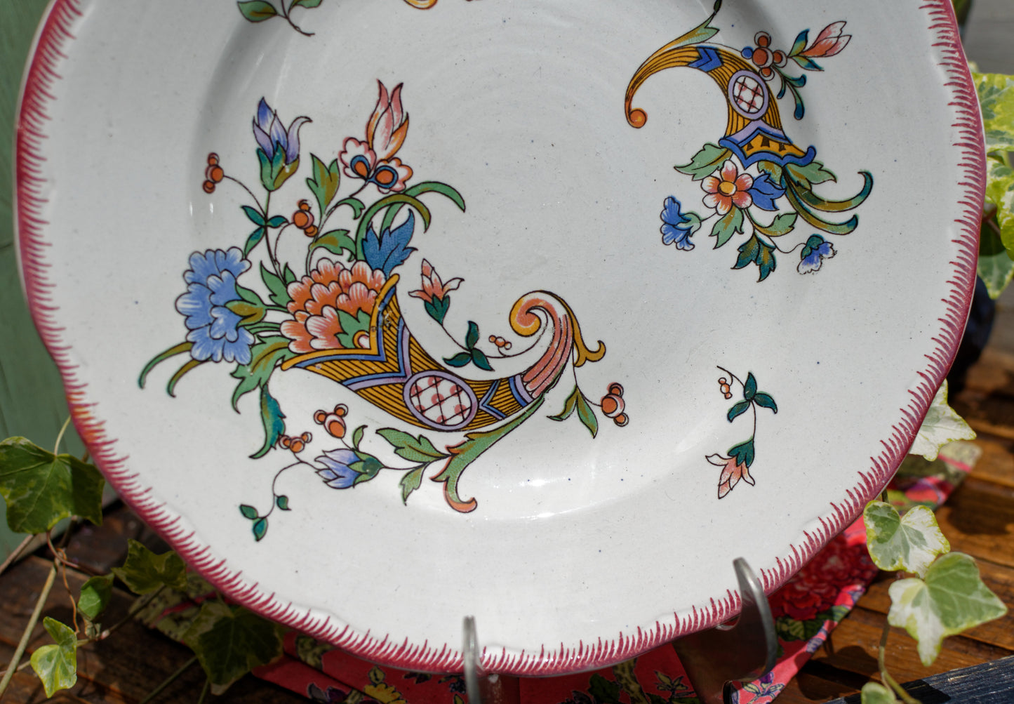 Dec 1928 Cornucopia Rouen Sarreguemines French Antique Ironstone Footed Cake Plate Terre de Fer Faience