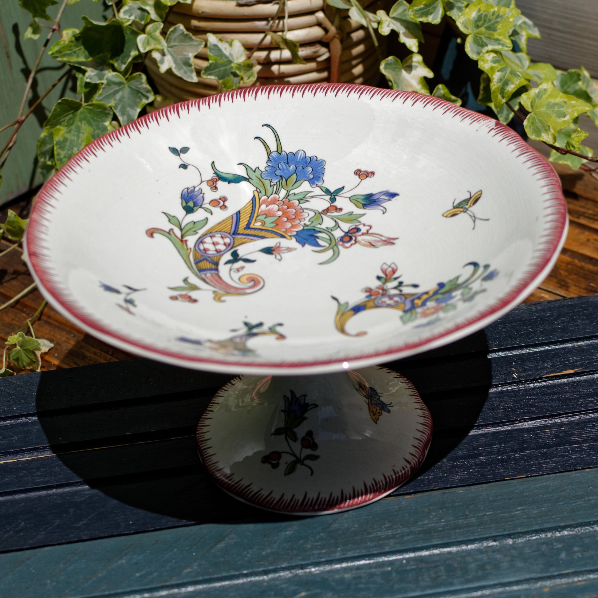 Dec 1928 Cornucopia Rouen Sarreguemines French Antique Polychrome Footed Fruit Bowl Compotier Terre de Fer Faience