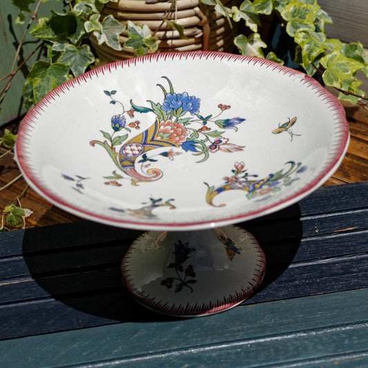 Dec 1928 Cornucopia Rouen Sarreguemines French Antique Polychrome Footed Fruit Bowl Compotier Terre de Fer Faience