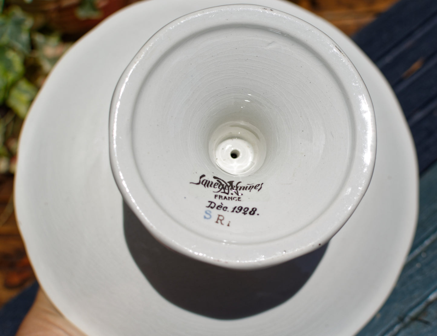 Dec 1928 Cornucopia Rouen Sarreguemines French Antique Polychrome Footed Fruit Bowl Compotier Terre de Fer Faience