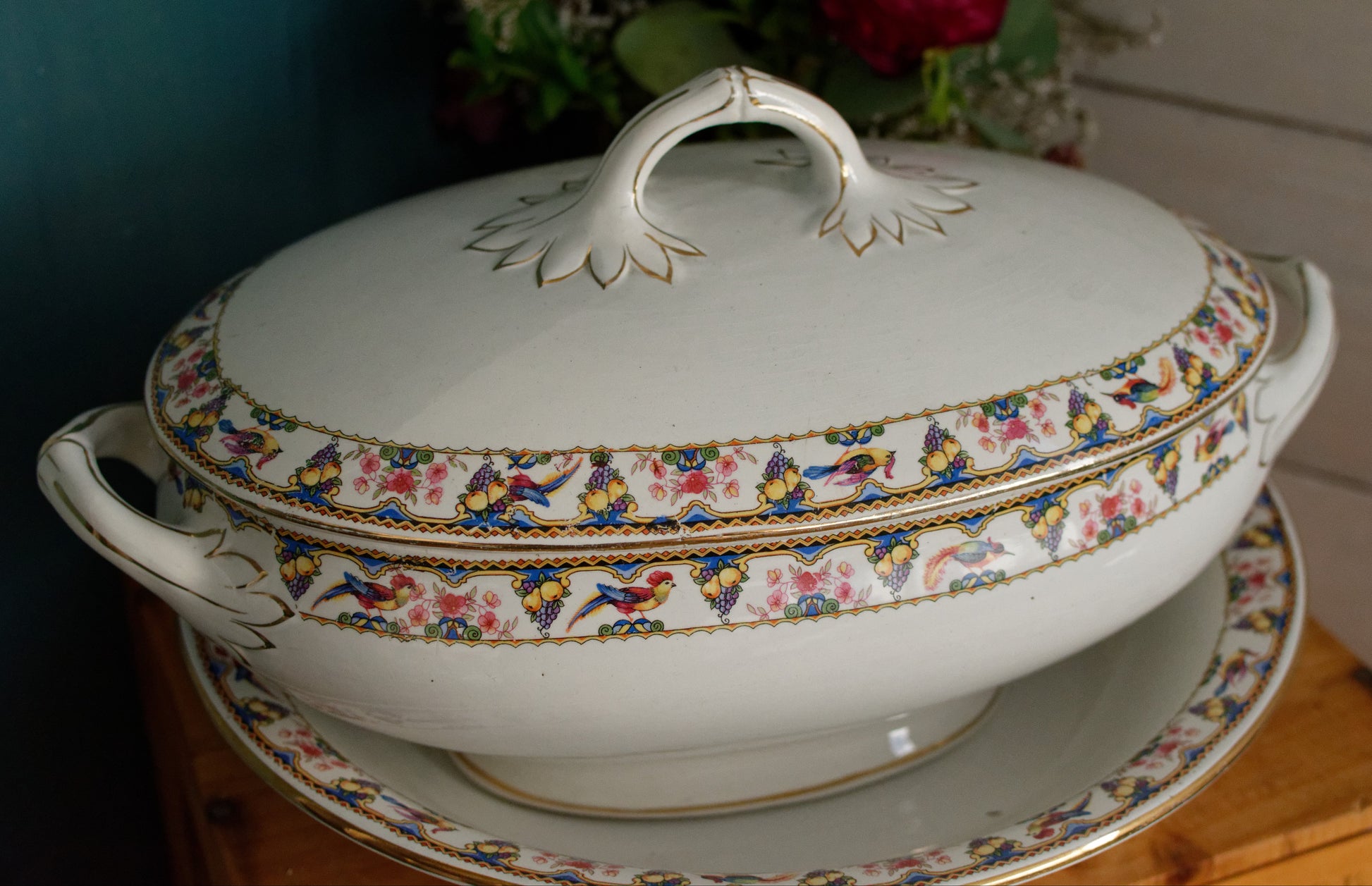 SARREGUEMINES Birds & Fruit French Antique Ironstone Soup Tureen Soupiere Terre de Fer Faience