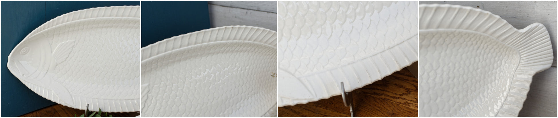 1930s SARREGUEMINES France French Vintage Fish Shaped Plate White Carp BARBOTINE Majolica en Faience Terre de Fer
