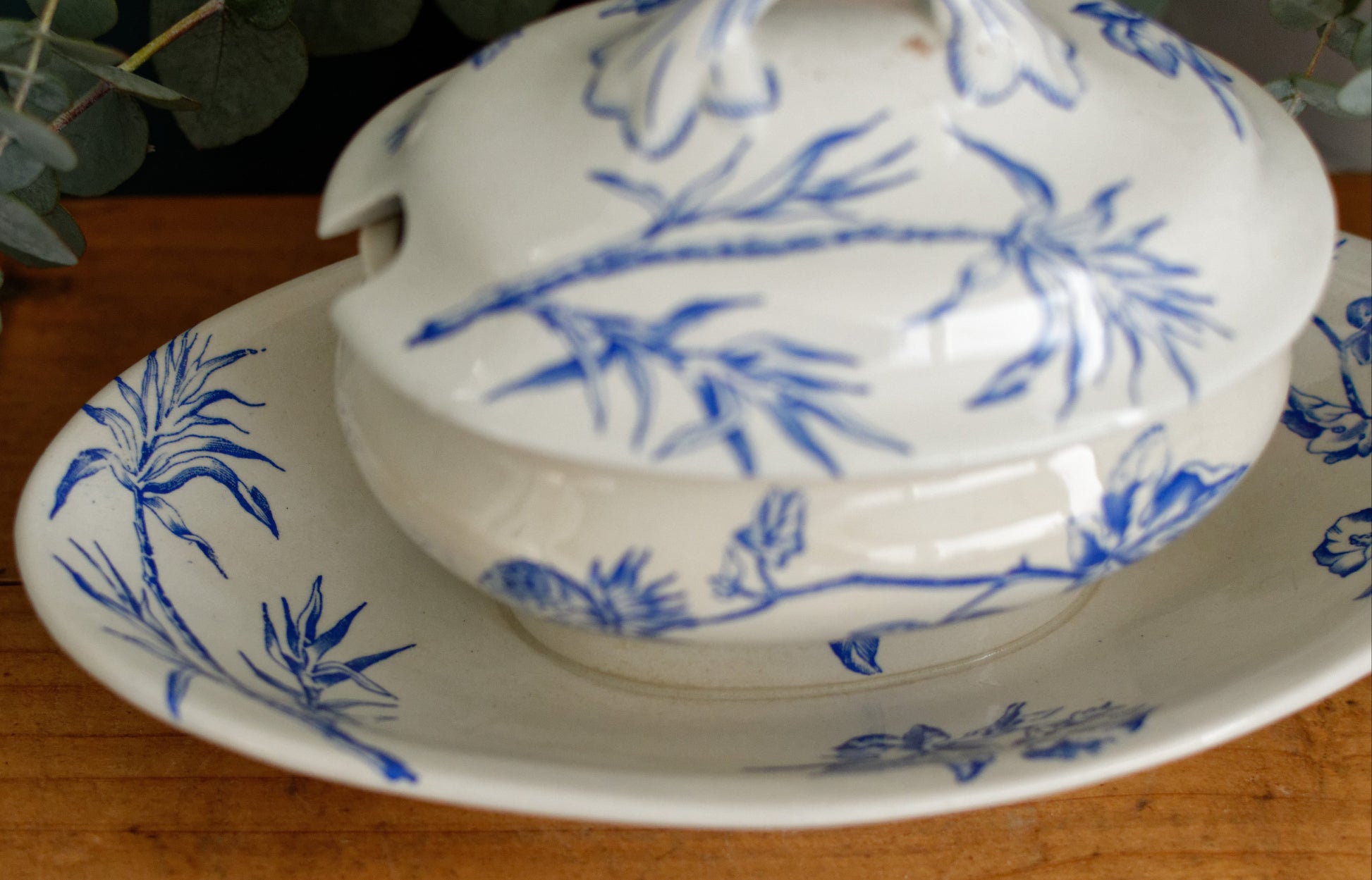 French Antique Ironstone Blue Transferware Small Tureen Sauciere Terre de fer en Faieance