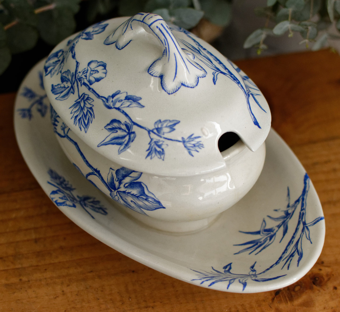 French Antique Ironstone Blue Transferware Small Tureen Sauciere Terre de fer en Faieance