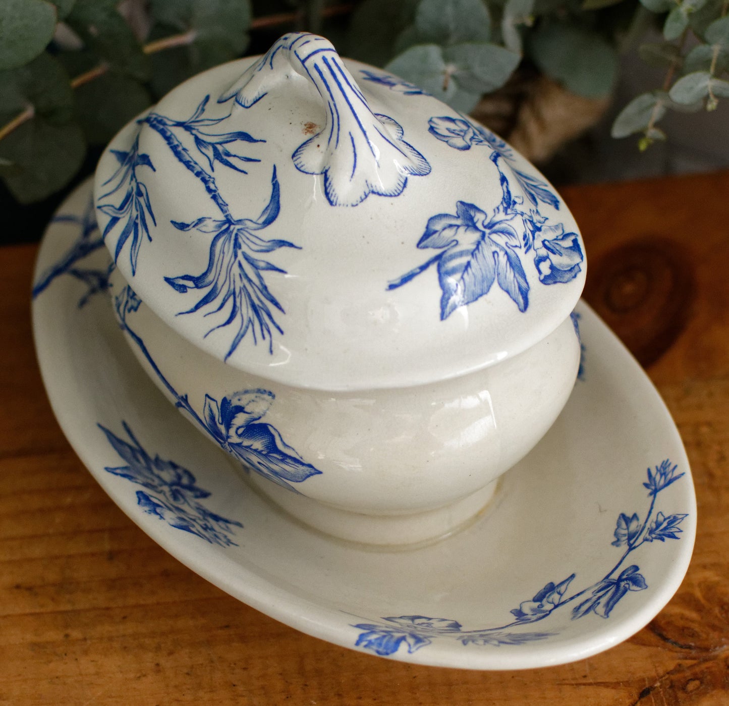 French Antique Ironstone Blue Transferware Small Tureen Sauciere Terre de fer en Faieance