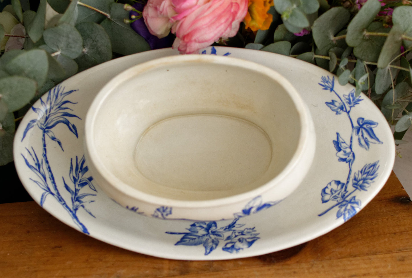 French Antique Ironstone Blue Transferware Small Tureen Sauciere Terre de fer en Faieance