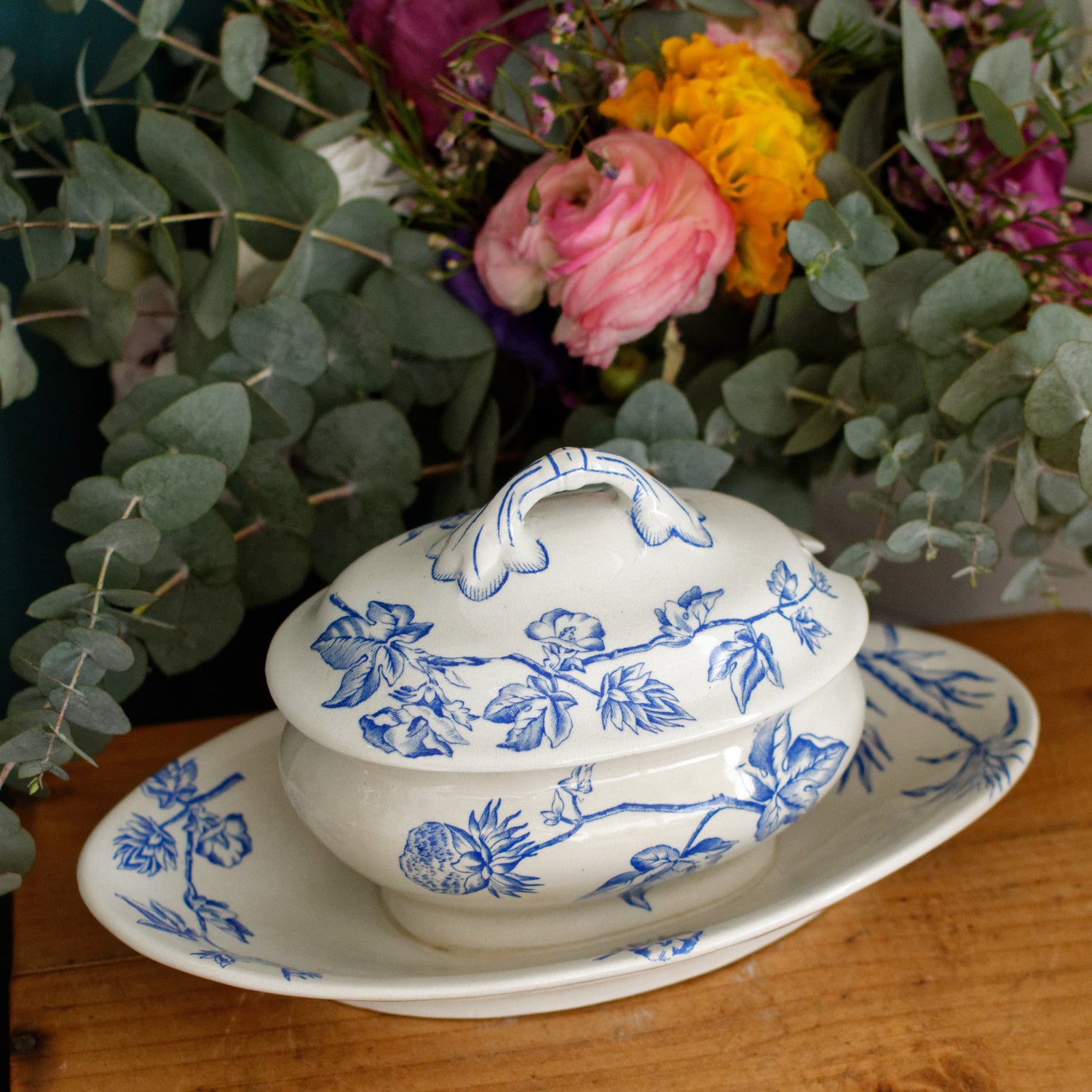 French Antique Ironstone Blue Transferware Small Tureen Sauciere Terre de fer en Faieance
