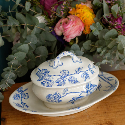 French Antique Ironstone Blue Transferware Small Tureen Sauciere Terre de fer en Faieance