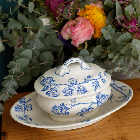 French Antique Ironstone Blue Transferware Small Tureen Sauciere Terre de fer en Faieance