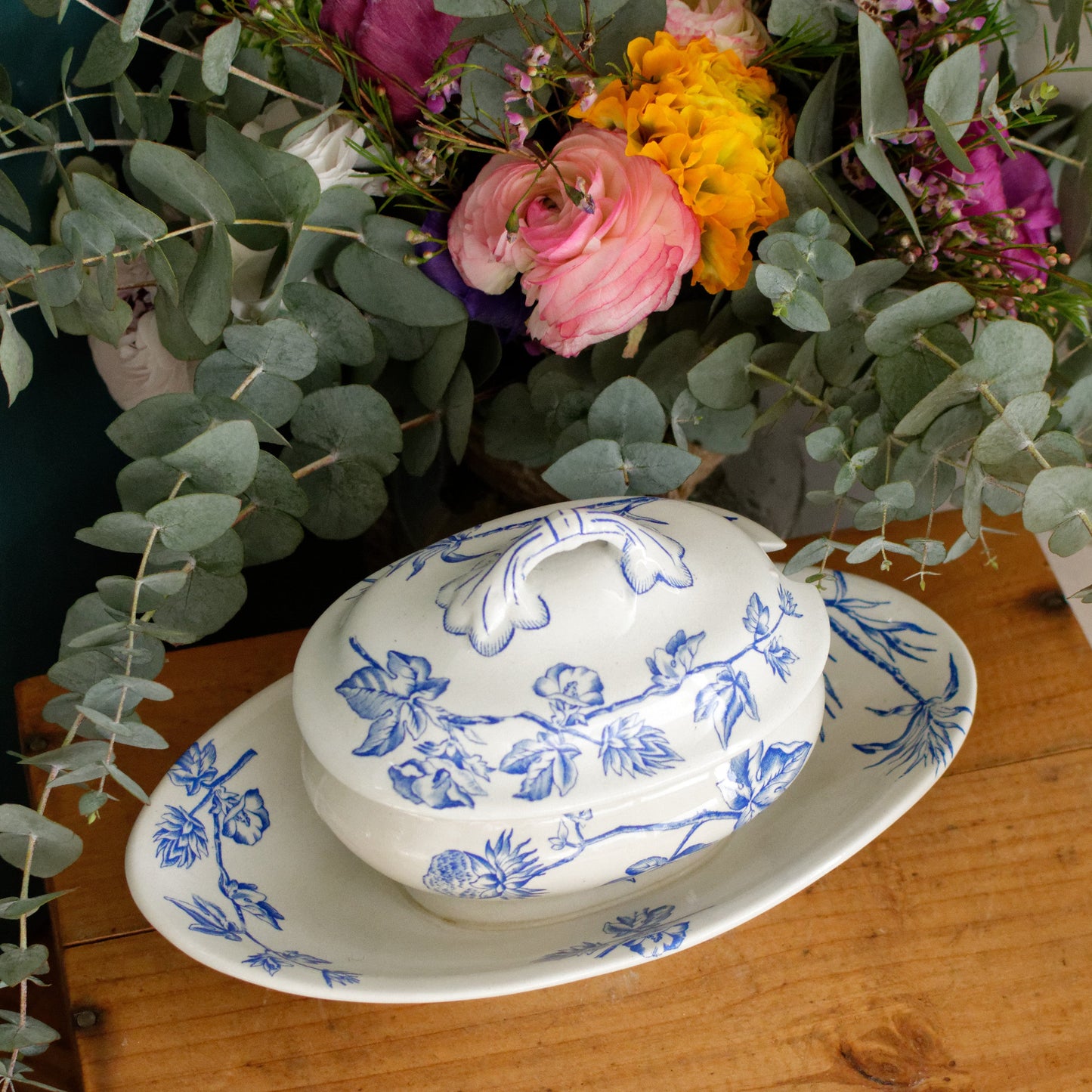 French Antique Ironstone Blue Transferware Small Tureen Sauciere Terre de fer en Faieance