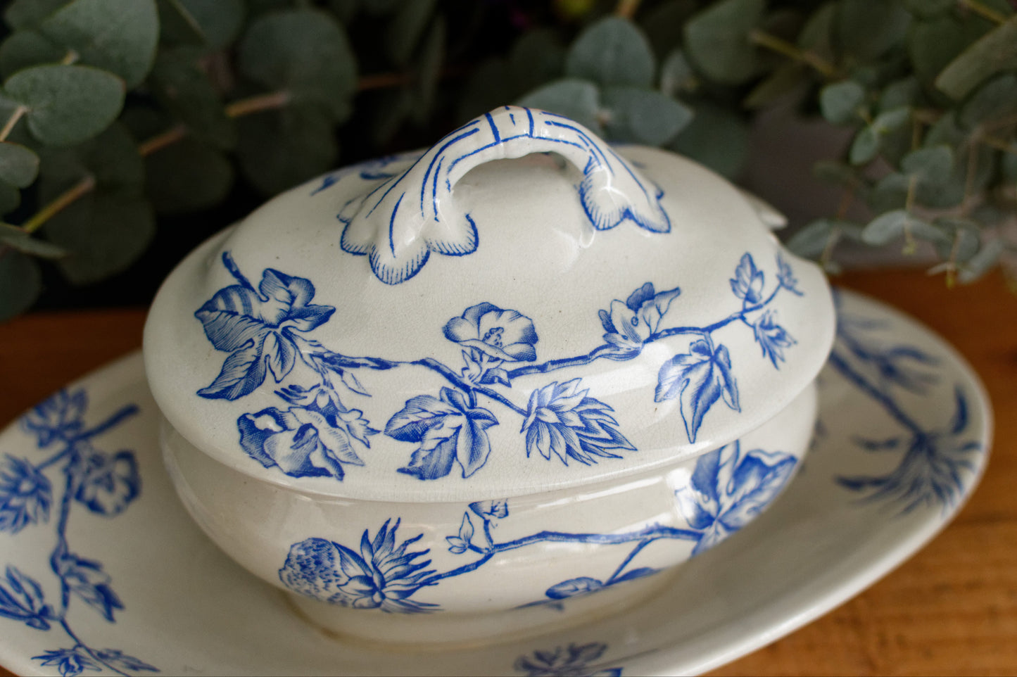 French Antique Ironstone Blue Transferware Small Tureen Sauciere Terre de fer en Faieance