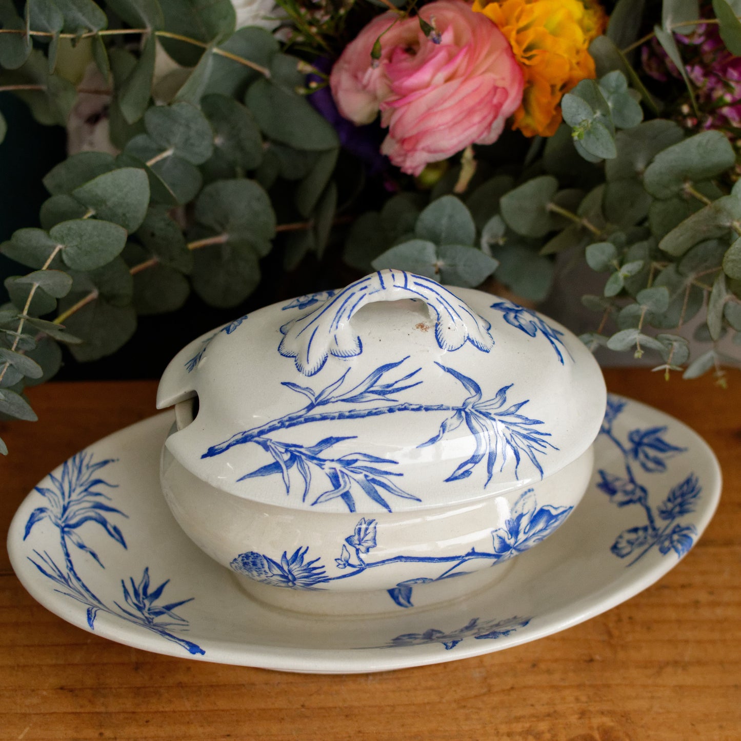 French Antique Ironstone Blue Transferware Small Tureen Sauciere Terre de fer en Faieance
