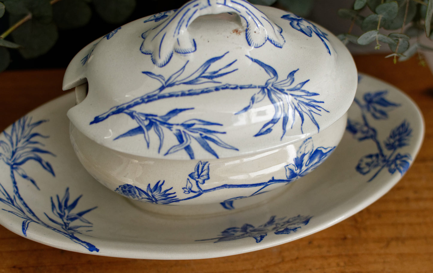 French Antique Ironstone Blue Transferware Small Tureen Sauciere Terre de fer en Faieance