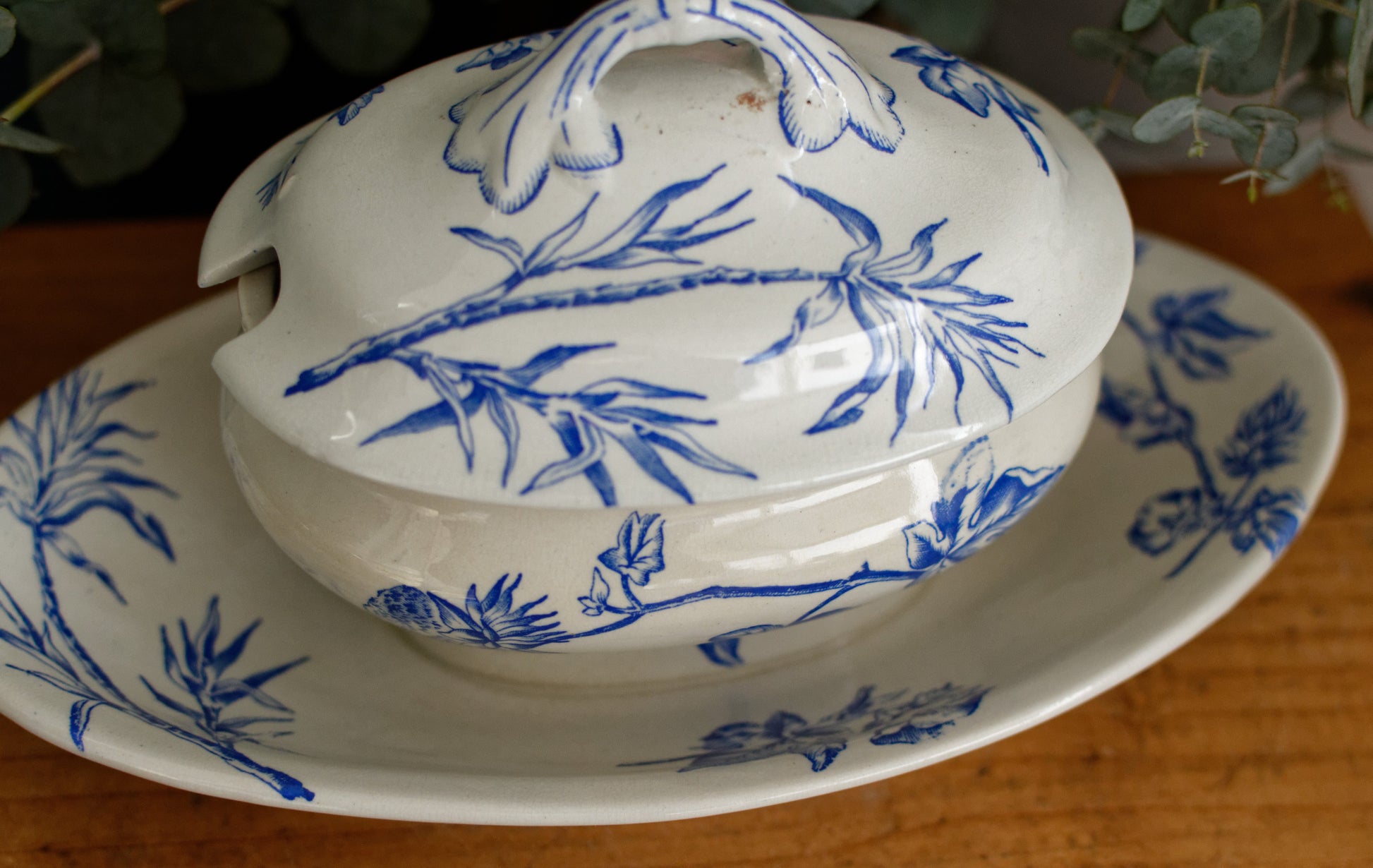 French Antique Ironstone Blue Transferware Small Tureen Sauciere Terre de fer en Faieance