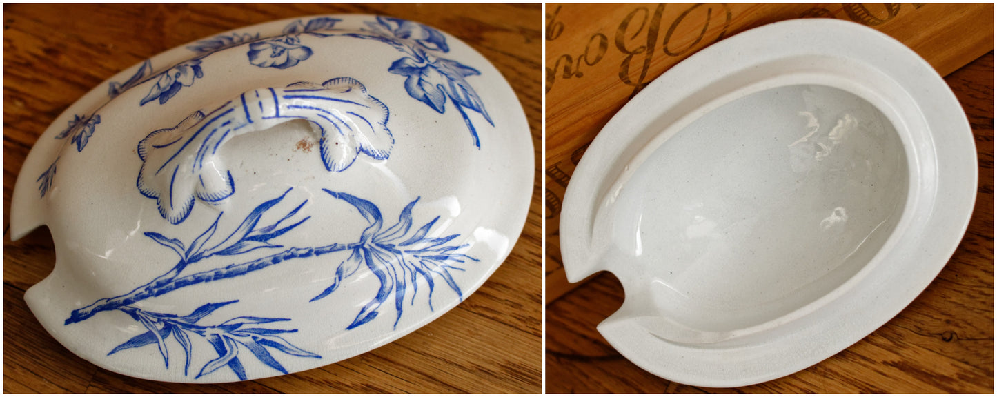 French Antique Ironstone Blue Transferware Small Tureen Sauciere Terre de fer en Faieance