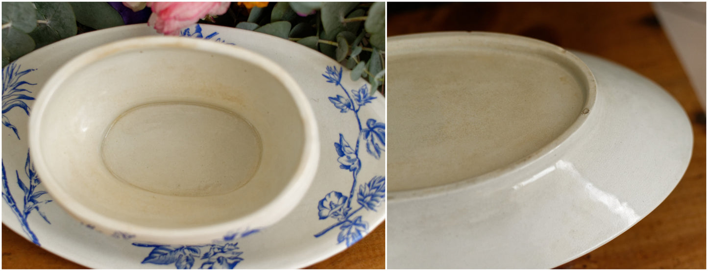 French Antique Ironstone Blue Transferware Small Tureen Sauciere Terre de fer en Faieance