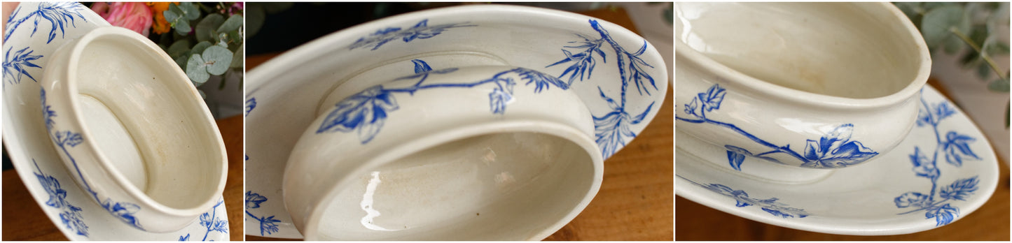 French Antique Ironstone Blue Transferware Small Tureen Sauciere Terre de fer en Faieance