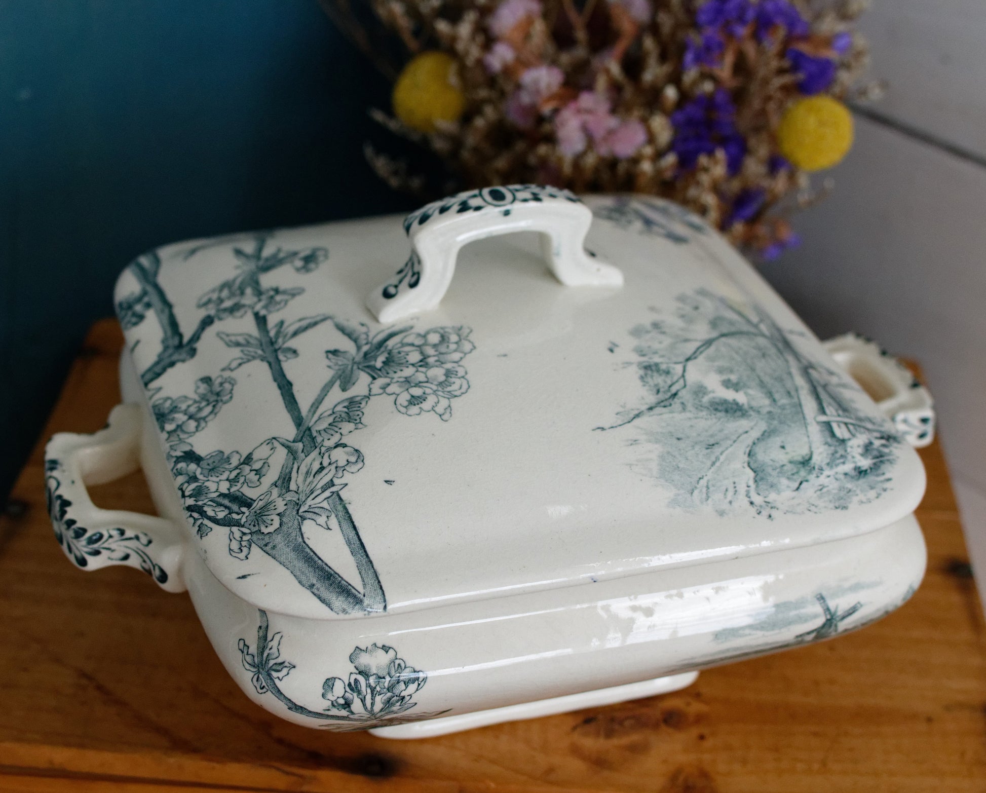 Service Ceriser Creil et Montereau (CM) Terre de Fer French Antique Square Ironstone Green Transferware Vegetable Dish Légumière Terre de Fer
