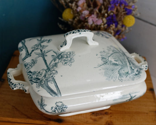 Service Ceriser Creil et Montereau (CM) Terre de Fer French Antique Square Ironstone Green Transferware Vegetable Dish Légumière Terre de Fer