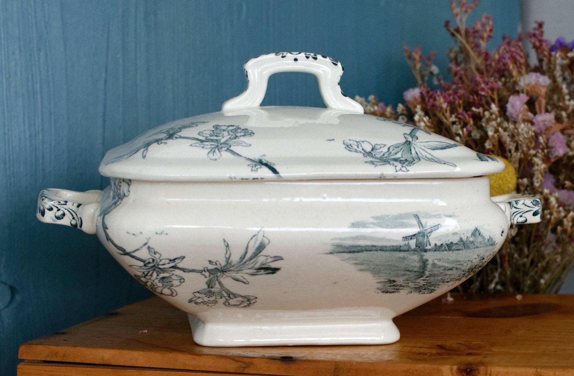 Service Ceriser Creil et Montereau (CM) Terre de Fer French Antique Square Ironstone Green Transferware Vegetable Dish Légumière Terre de Fer