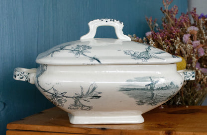 Service Ceriser Creil et Montereau (CM) Terre de Fer French Antique Square Ironstone Green Transferware Vegetable Dish Légumière Terre de Fer