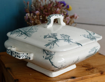Service Ceriser Creil et Montereau (CM) Terre de Fer French Antique Square Ironstone Green Transferware Vegetable Dish Légumière Terre de Fer