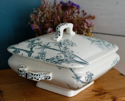 Service Ceriser Creil et Montereau (CM) Terre de Fer French Antique Square Ironstone Green Transferware Vegetable Dish Légumière Terre de Fer