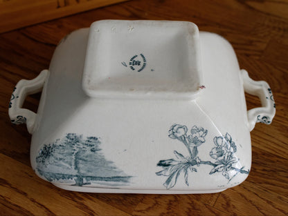 Service Ceriser Creil et Montereau (CM) Terre de Fer French Antique Square Ironstone Green Transferware Vegetable Dish Légumière Terre de Fer